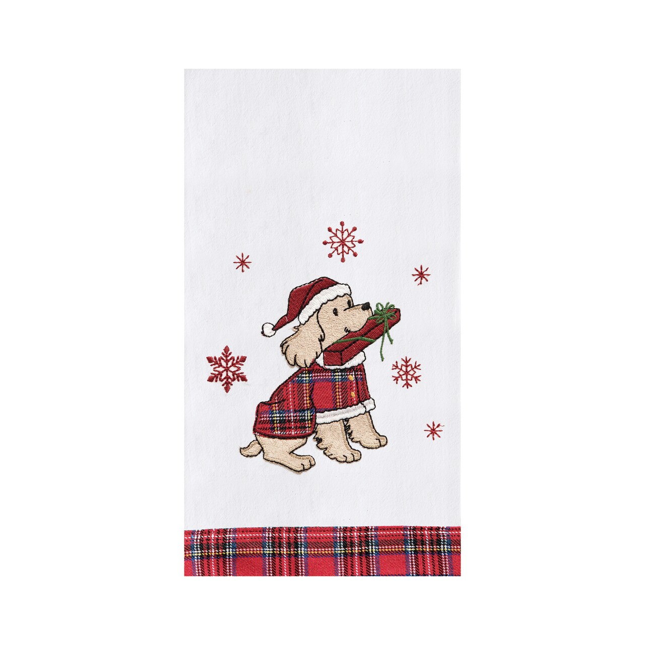 Festive Dog With Present Christmas Holiday Machine Washable Embellished Flour Sack Kitchen Towel 27L x 18W in.
